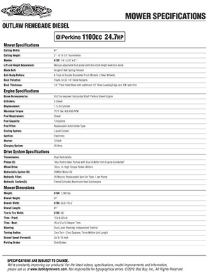 Bad Boy Renegade Series diesel mower specs